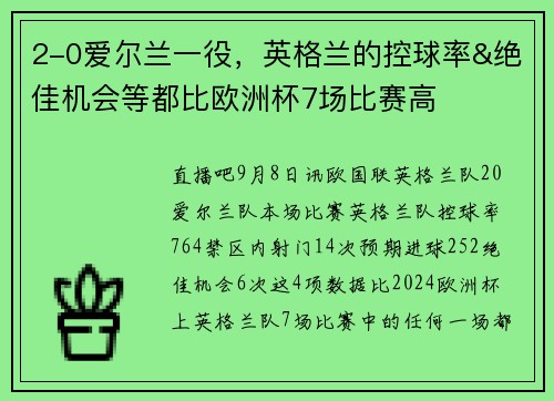 2-0爱尔兰一役，英格兰的控球率&绝佳机会等都比欧洲杯7场比赛高