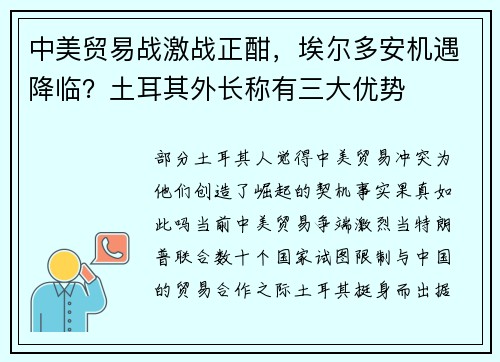 中美贸易战激战正酣，埃尔多安机遇降临？土耳其外长称有三大优势