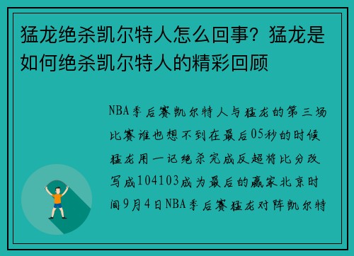 猛龙绝杀凯尔特人怎么回事？猛龙是如何绝杀凯尔特人的精彩回顾