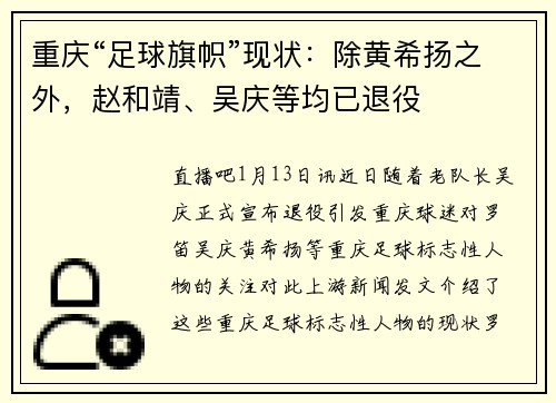 重庆“足球旗帜”现状：除黄希扬之外，赵和靖、吴庆等均已退役